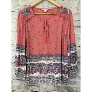 Lucky Brand Boho Coral Floral Women’s Shirt 3/4 Sleeve Size M